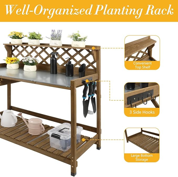 Garden Potting Bench with Metal Tabletop,Outdoor Potting Table Workstation Benches with Drawer/Storage Shelf，Fir Wood Potting Station Work Table with Open Shelf,Lattice Back (Brown)