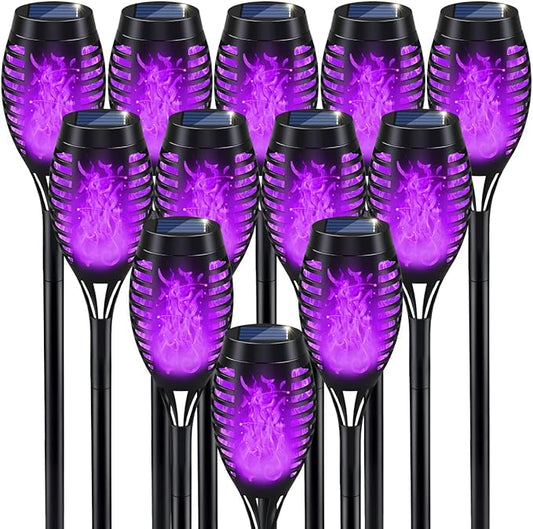 12Pack Halloween Yard Decorations, Purple Solar Halloween Lights for Outside Decor, LED Solar Flame Lights Outdoor for Yard Decorations, Waterproof Luces Solares Outdoor Decor for Patio Garden Pathway