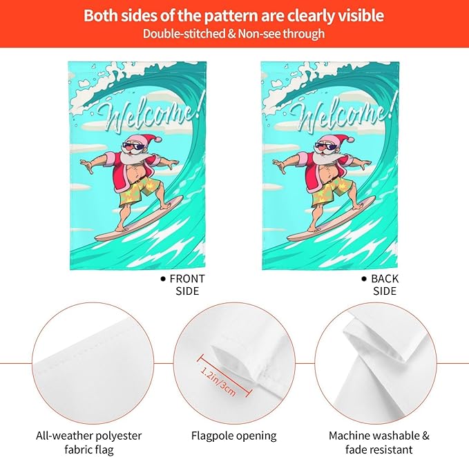 Christmas Santa Claus Hawaii Surfing Beach Garden Flag Welcome Party Outdoor Outside Decorations Picks Home House Garden Yard Decor 12x18 Inch