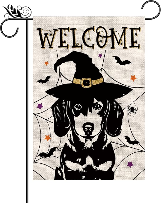 Halloween Garden Flag Dachshund Cobweb Bats Double Sided Vertical Welcome Flag Seasonal Holiday Outdoor Yard Lawn Party Decorations 12.5 x 18 Inch