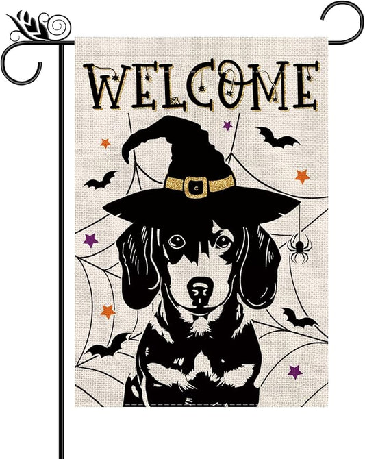 Halloween Garden Flag Dachshund Cobweb Bats Double Sided Vertical Welcome Flag Seasonal Holiday Outdoor Yard Lawn Party Decorations 12.5 x 18 Inch