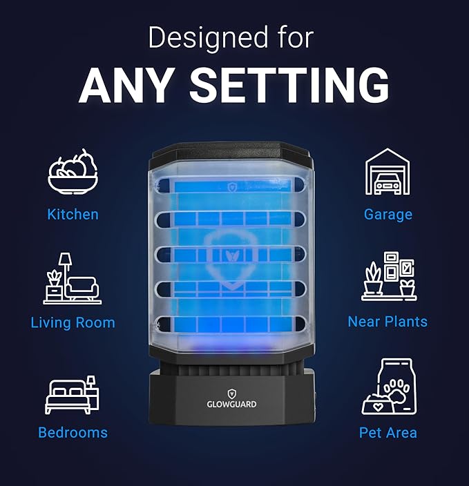 GlowGuard Cordless Flying Insect Trap Catches Fruit Flies, Indoor Gnat Killer, Magnet for Moths & Mosquitos in Dark, 1 Rechargeable Trap + 4 Dual-Sided Sticky Pad Refills, 30Hr 5000mAh Battery (Black)