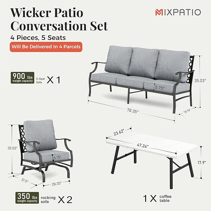 Patio Furniture Set 4 pcs, Outdoor Patio Furniture, 3-Seat Sofa, 2 Rocking Chairs, Metal Coffee Table and 5.75" Extra Thick Cushion, Patio Conversation Set for Garden Backyard Deck,Grey