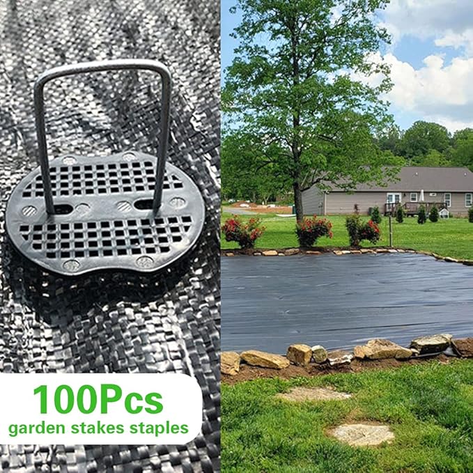 100Pcs Garden Stakes Staples + 100Pcs Gasket, Bakulyor 6 Inch Lawn Landscape Staples 11 Gauge U Shaped Galvanized Landscape Pins, Heavy Duty Yard Ground Pin for Weed Barrier Sod Fabric Decorations