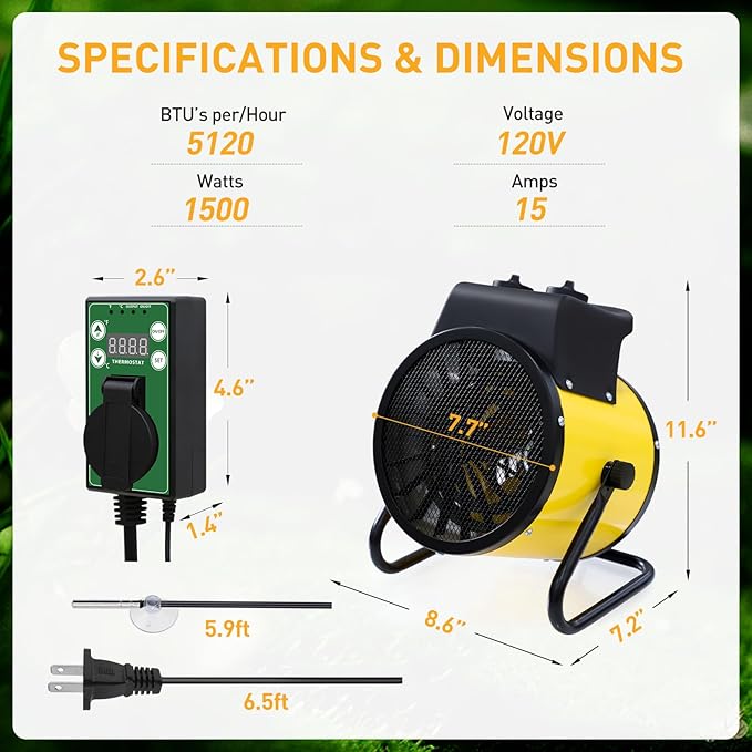 Portable Greenhouse Heater with Digital Thermostat, Overheat Protection, 1500W Radiant Electric Heater for Indoor & Outdoor Use, Garage, Grow Tent, RV, IPX4 Water Resistant, 2 Pieces, Yellow