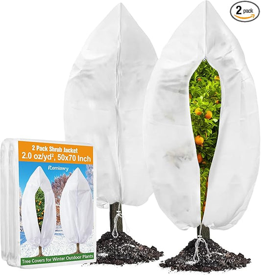Remiawy Plant Covers Freeze Protection, 2.0 oz/yd² Shrub Jacket Plant Covers for Winter, 2 Pack 50 x 70 Inch Reusable Frost Cloth Bags Protectors for Cold Weather Outdoor Potted Plants Fruit Trees