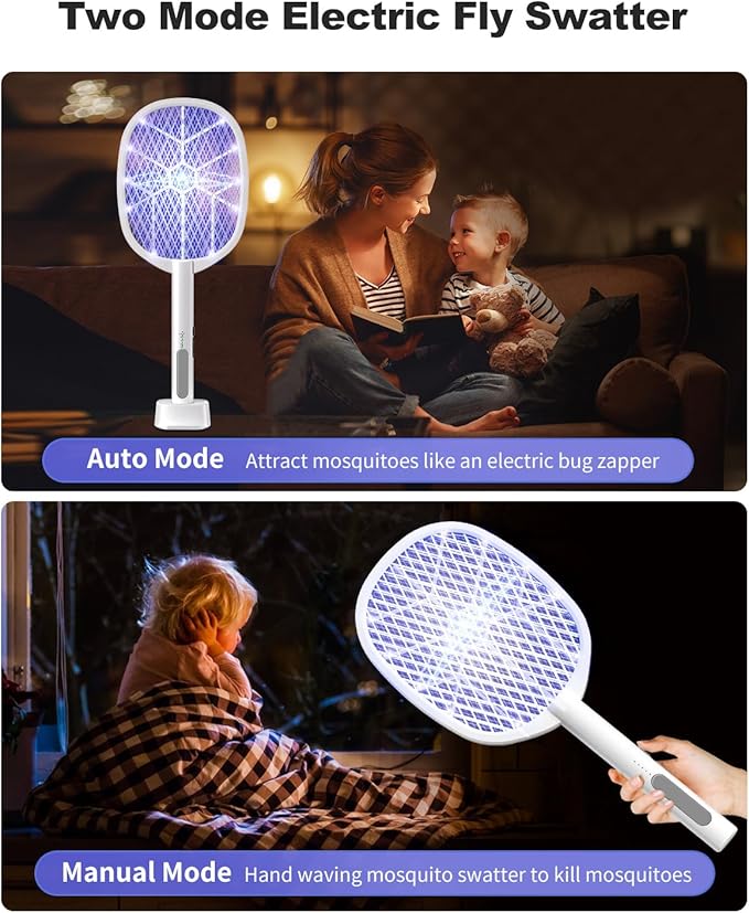 2PACK Electric Fly Swatter,4000V Bug Zapper Racket,2 in 1 Mosquito Zapper Racket with 1200ml Battery Rechargeable Purple Mosquito Killer Lamp with 3 Layers Safety Net Suitable for Indoor and Outdoor
