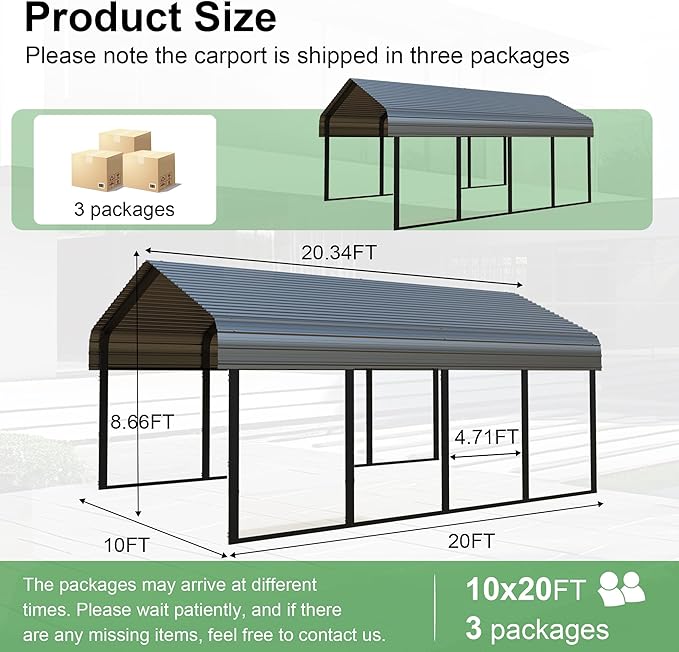 Metal 10x20 Ft Carport Canopy Heavy Duty RV Carports Kits for Garage,Aluminum Car Ports with Steel Shelter Frame Cover for 1 Car or Boats