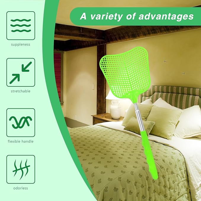 MYSTICHOME Fly Swatter 1 Pack, Durable Heavy Duty Plastic Fly Swatters, Stainless Steel Telescopic FlySwatter for Indoors/Outdoor/Kitchen/Garden (Green)