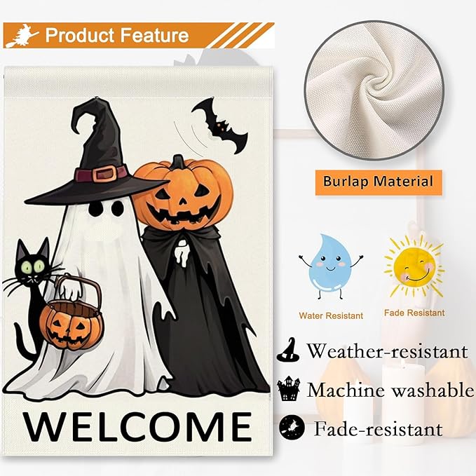 Welcome Halloween Garden Flag 12x18 Double Sided Outside Ghost Jack-o'-Lantern Bat Outdoor Decorative Burlap Yard Flag