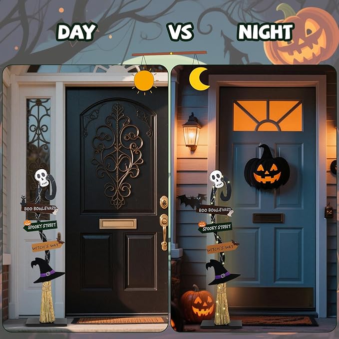 Halloween Decorations |Lighted Witch's Broom Halloween Wooden Porch Sign | Spooky Light Up Witch Decorations Sign for Indoor Outdoor Yard Decor