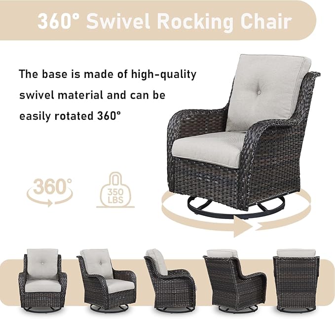 Wicker Outdoor Dialogue Set -6-Piece Outdoor Wicker High Back Sofa with Rotating Rocking Chair Terrace Furniture, Suitable for Deck, Pool, Backyard