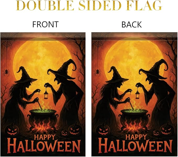 Happy Halloween Garden Flag Witches Cauldron Full Moon Flag 12x18 Inch Double Sided Outdoor Yard Banner for Trick or Treat Haunted House Halloween Decoration Decor