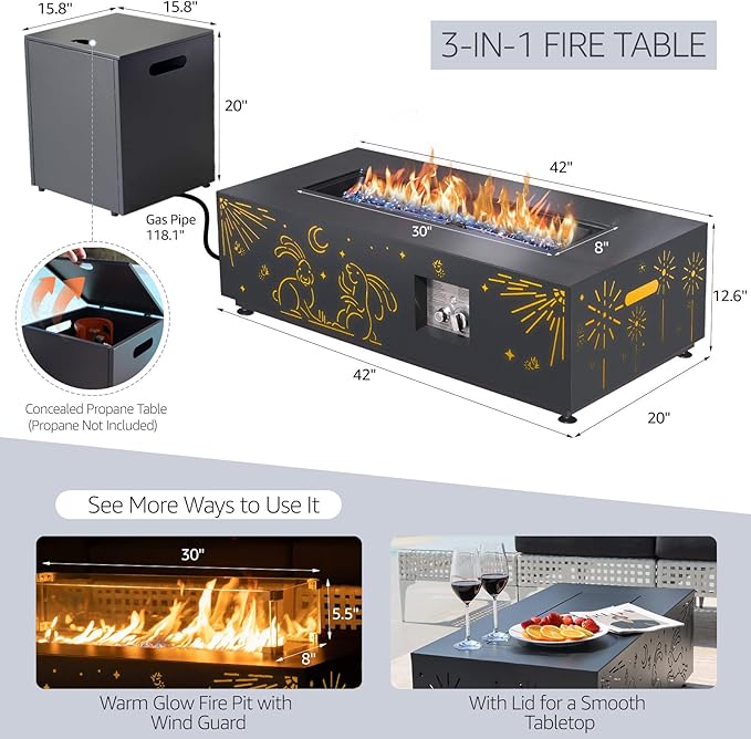 NICESOUL 42'' Natural Gas/Propane Fire Pit Rectangular, Low Profile Firepits with Tank Table for Outside Patio, 50000 BTU Outdoor Fireplace with LED Lights Lamp for Backyard Garden, CSA, Dark Grey