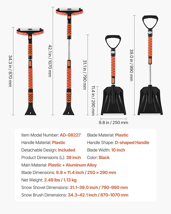 VEVOR Snow Shovel and Snow Brush, 42 in Extendable Snows Broom & Ice Scraper with 180° Pivoting Brush Head, Non-Slip Grip, Portable Winter Snows Removal Tools for Cars Trucks SUVs Vehicle