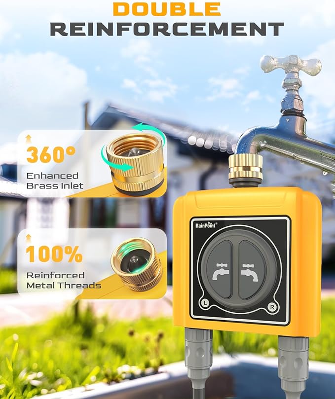 RAINPOINT WiFi Water Timer with Brass Inlet, 2 Outlets Sprinkler Timer,Automatic Irrigation System Controller, APP & Voice Control, Irrigation by Weather/Quantity/Soil Moisture