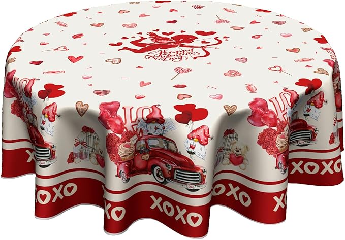 Valentines Round Tablecloth 60 Inches, Happy Valentine's Day Red Truck Table Cloth,Valentine Gnomes Love Hearts Cupid Table Cover for Wedding Anniversary, Proposals, Kitchen, Dining, Party Decor