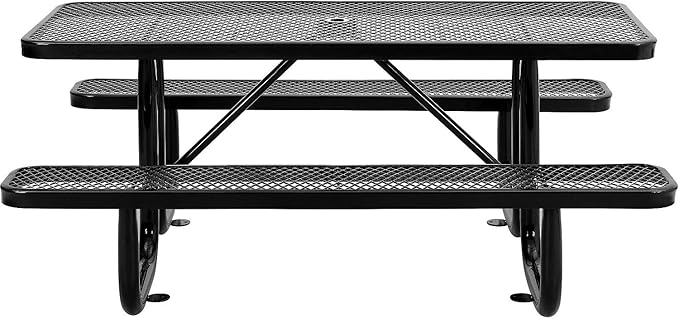 Global Industrial 6’L Rectangular Picnic Table, Expanded Metal, Black Thermoplastic Coating, Attached Benches, 1-1/2” Umbrella Pole Hole, Outdoor-Rated, 1000 lb Capacity, 72” x 30” Tabletop