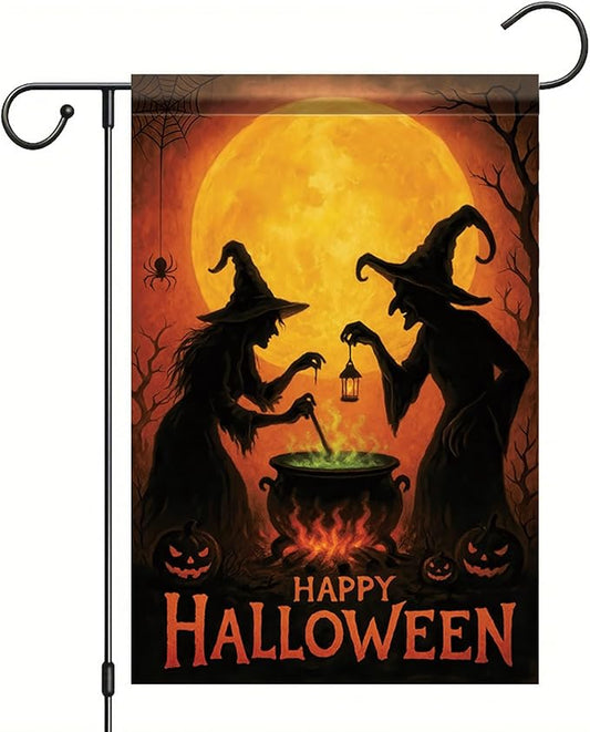 Happy Halloween Garden Flag Witches Cauldron Full Moon Flag 12x18 Inch Double Sided Outdoor Yard Banner for Trick or Treat Haunted House Halloween Decoration Decor