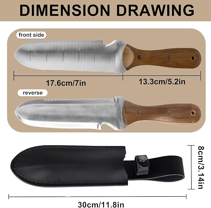 for Hori Hori Garden Knife,Garden Tools with Sheath for Weeding, Planting and Digging, 7" Stainless Steel Blade with Cutting Edge, Walnut Handle with Hanging Hole
