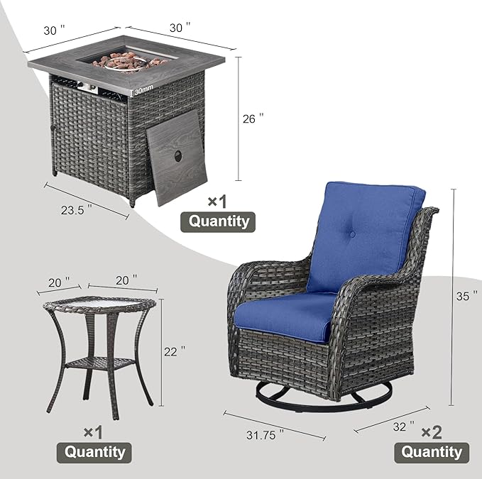 4 Pieces Patio Furniture Set with Fire Pit 50,000 BTU,Outdoor Swivel Rocker Chairs Set of 2 with PE Rattan Side Table,Wicker Outdoor Conversation Set with Rocking Chairs