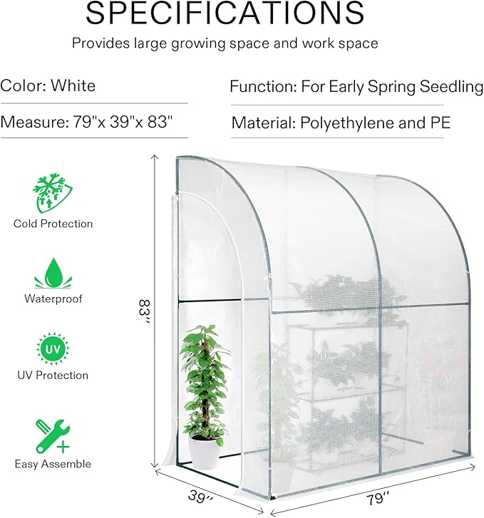 VIVOSUN Mini Lean-to Greenhouse, 6.6’ x 3.3’ x 6.9’ Portable Wall House with White PE Cover and Shelf for Compact Garden 79x39x83-Inch
