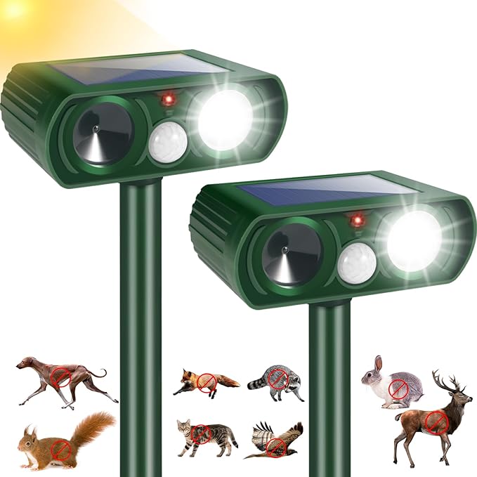 2 Pack Solar Ultrasonic Animal Repellent Raccoon Fortress Pro Outdoor, Deer Repellent with Motion Sensor & Strobe Light,Waterproof Cat Dog Squirrel Rabbit Deterrent for Garden Yard