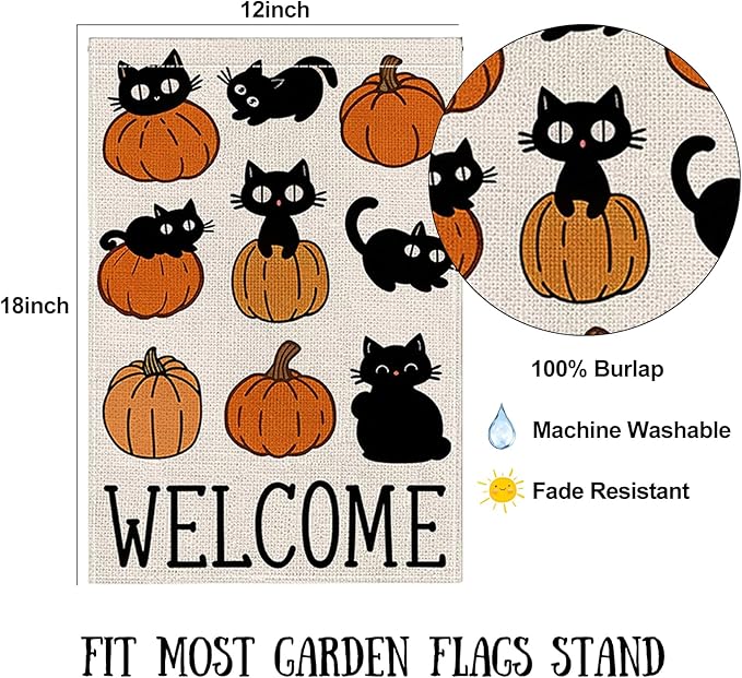 Halloween Garden Flag 12 x 18 Inch Double Sided Cute Cat Pumpkin Designs Fall Autumn Burlap Yard Flag for Outside Rustic Yard Outdoor Holiday Home Decoration