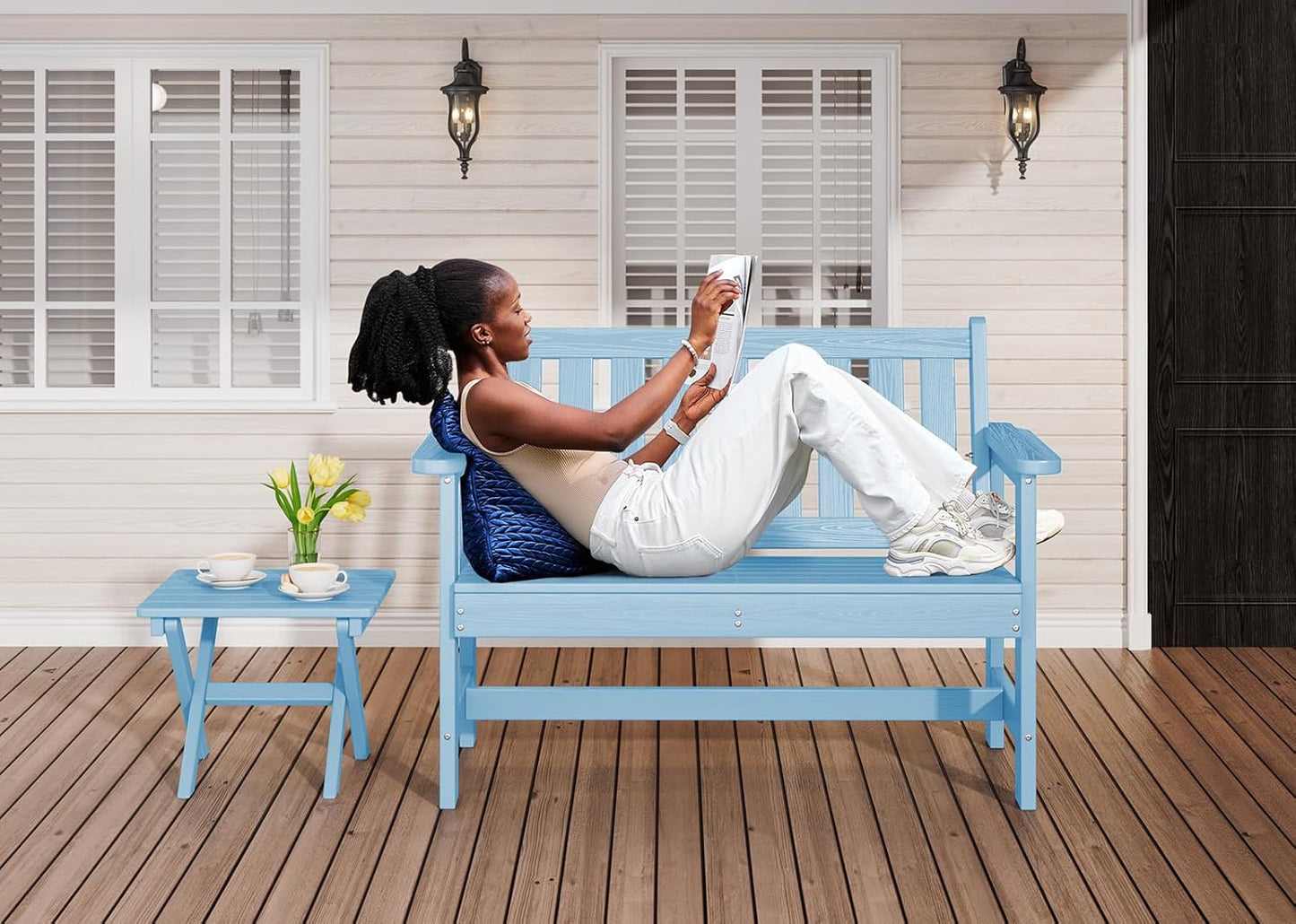 SERWALL Outdoor Bench, HDPE Outdoor Benches Weatherproof, 2-Person Garden Bench with 660 lbs Weight Capacity, Patio Benches for Outdoors, Garden, Porch, Backyard and Park, Light Blue