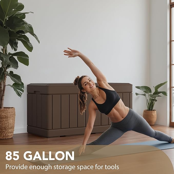 Devoko 85 Gallon Deck Box Lockable Resin Outdoor Storage Box waterproof Outdoor Container for Patio Furniture Cushions, Pillow (Brown)