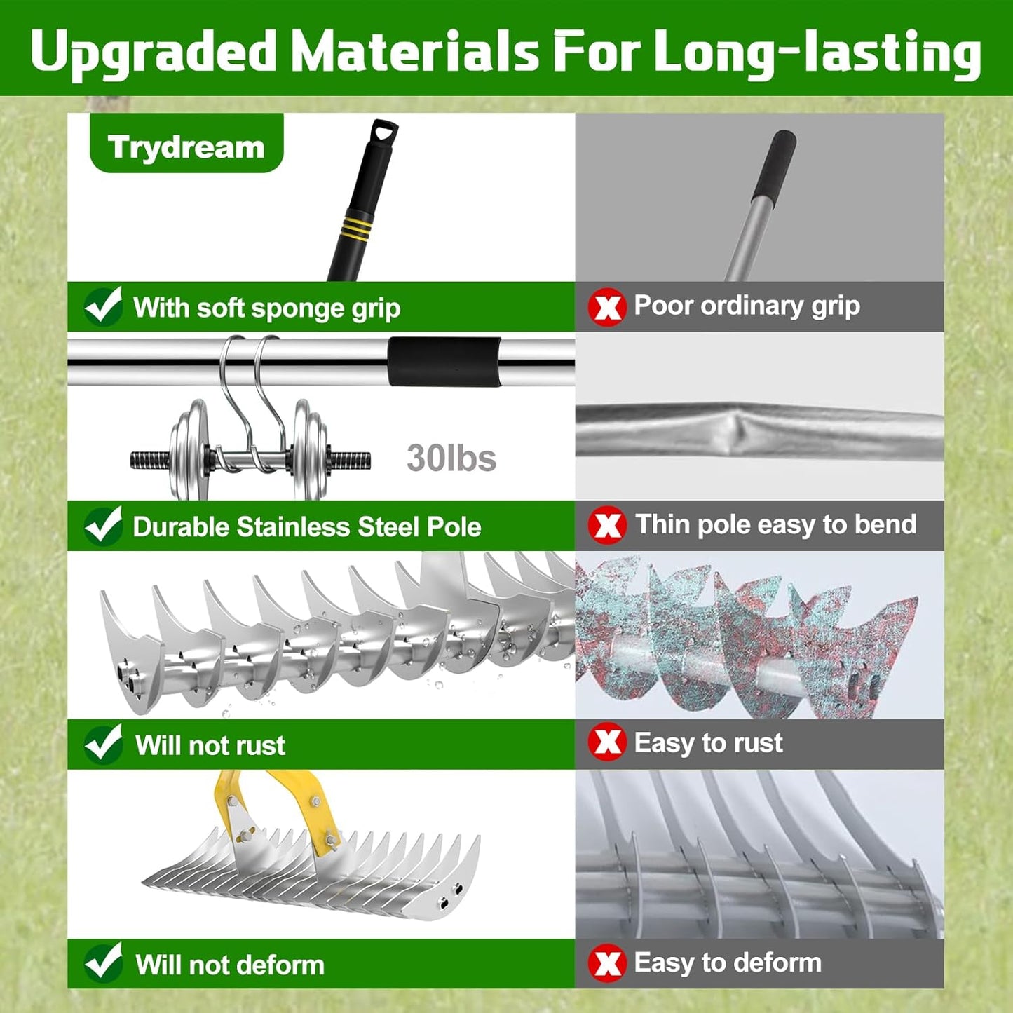 Thatch Rake, 15 Inch Wide Lawn Thatching Rakes for Cleaning Dead Grass, Efficient Metal Steel Lawn Dethatcher with Sponge Handle, Lawn loosening Soil Grass Rake (Silver)