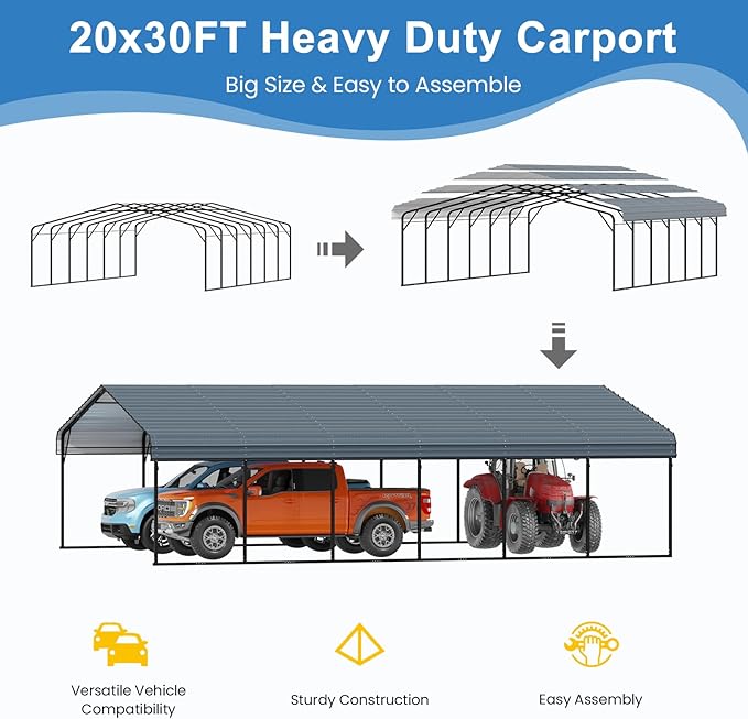 YOLENY Carport 20x30 FT, Heavy Duty Car Port for Garage, Car Shelter with Galvanized Metal Roof and Frame, Easy to Install Outdoor Car Canopy, Expanding Garage Space for Pickup, 2 Cars,Tractors, Gray