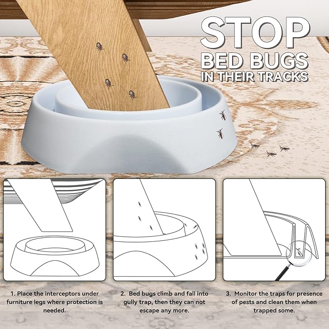 Bed Bug Interceptors Trap Detector | Bedbug Traps for Bed Legs with Anti Skid Pads (White -12 Pcs)