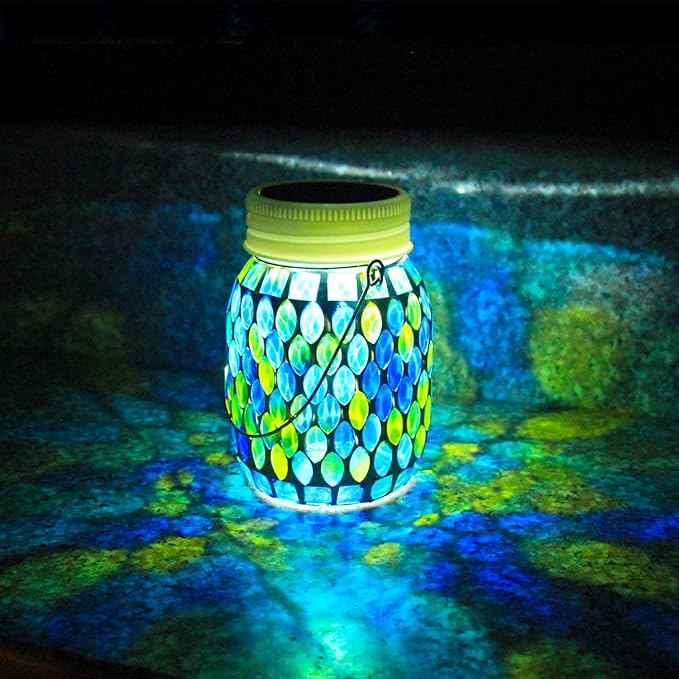 Mosaic Garden Decor Solar Outdoor Hanging Lights,Solar Mosaic Lanterns Christmas Gifts for Women Mom Grandma Halloween and Garden,Patio,Pathway & Yard Décor (Bule)