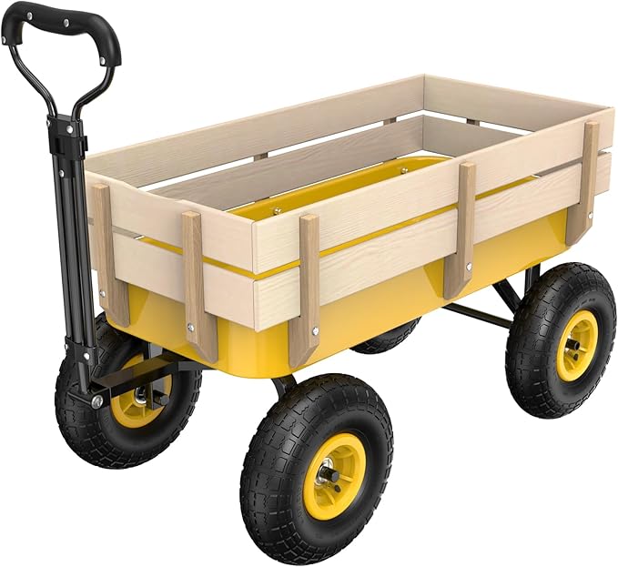 VINGLI Wagon Cart, Steel Frame and Wood Coated Railing, 330lbs All Terrain Wagon 9.2in Solid Tires for Garden and Outdoor (Yellow)