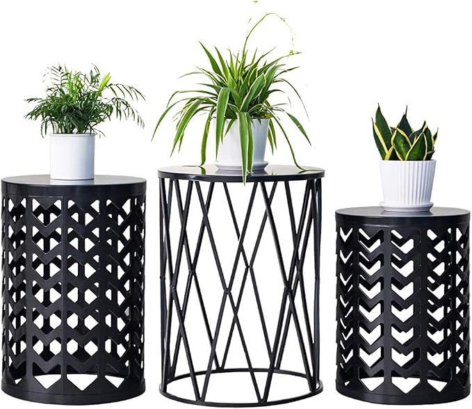 Y&M Nesting Side Table, Set of 3 Stacking Coffee Table for Living Room, Indoor End Tables, Outdoor Decorative Garden Stool with Heavy Duty Metal Frame Modern Industrial Decor - Pure Black