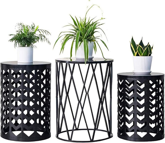 Y&M Nesting Side Table, Set of 3 Stacking Coffee Table for Living Room, Indoor End Tables, Outdoor Decorative Garden Stool with Heavy Duty Metal Frame Modern Industrial Decor - Pure Black