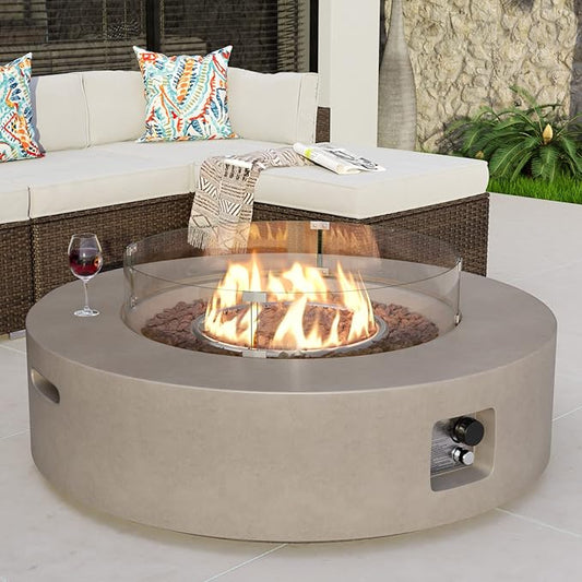 COSIEST Outdoor Propane Fire Pit Coffee Table w Gray 42 inch Round Base Patio Heater, CSA Certified, 50,000 BTU Stainless Steel Burner, Wind Guard, Tank Outside, Free Lava Rocks, Waterproof Cover