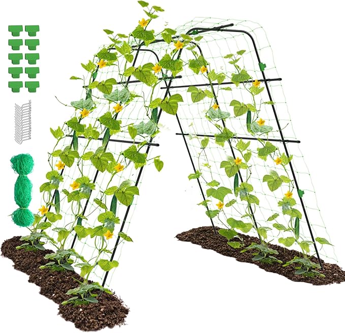 Garden Arch Trellis for Climbing Plants Vegetable Outdoor 67" x 63" A-Frame Cucumber Trellis with Climbing Netting & Plant Clip Tomato/Pea/Zucchini/Squash Trellis for Raised Garden Bed