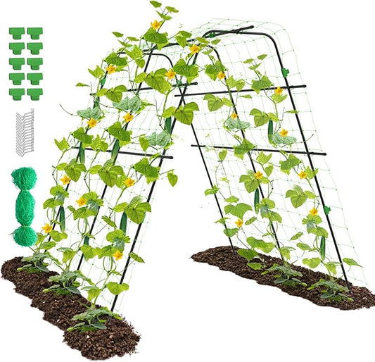 Garden Arch Trellis for Climbing Plants Vegetable Outdoor 67" x 63" A-Frame Cucumber Trellis with Climbing Netting & Plant Clip Tomato/Pea/Zucchini/Squash Trellis for Raised Garden Bed