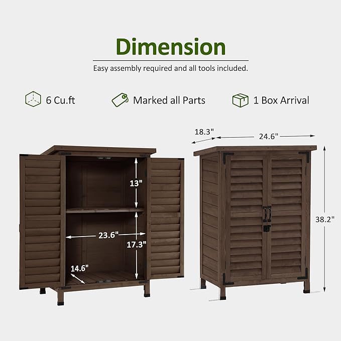 MCombo Outdoor Storage Cabinet, Small Storage Shed with Removable Shelf, Wood Garden Shed with 2 Doors for Yard Patio Lawn (24.6 x 18.3 x 38.2 inch) 0985 (Brown)