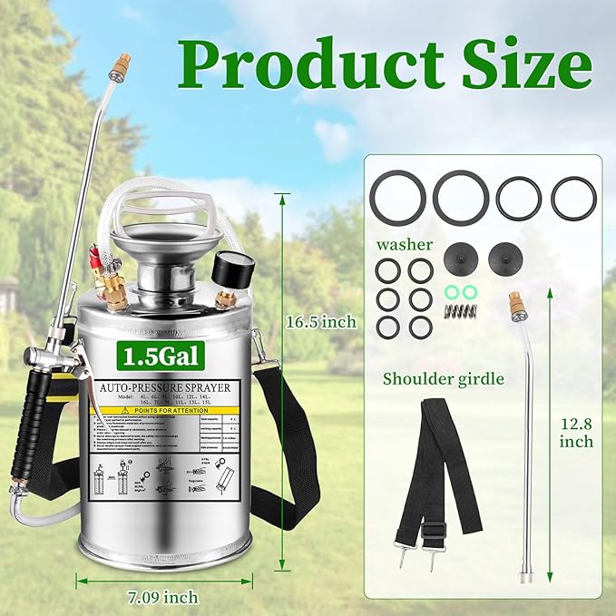 1.5Gal Stainless Steel Pump Up Sprayer Reinforced Hose, Hand Pump Sprayer with Pressure Gauge&Safety Valve, Adjustable Nozzle Suitable for Gardening (1.5 Gallon)
