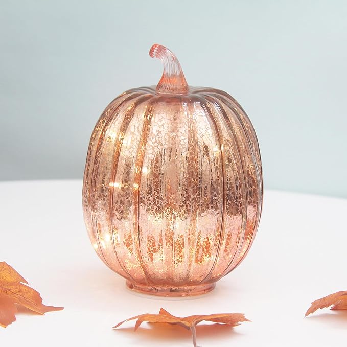 Mercury Glass Pumpkin Lights with Timer, Battery Operated Led Pumpkin Lights for Halloween Fall,Thanksgiving Rustic Decor (Rosegold Common, 8")