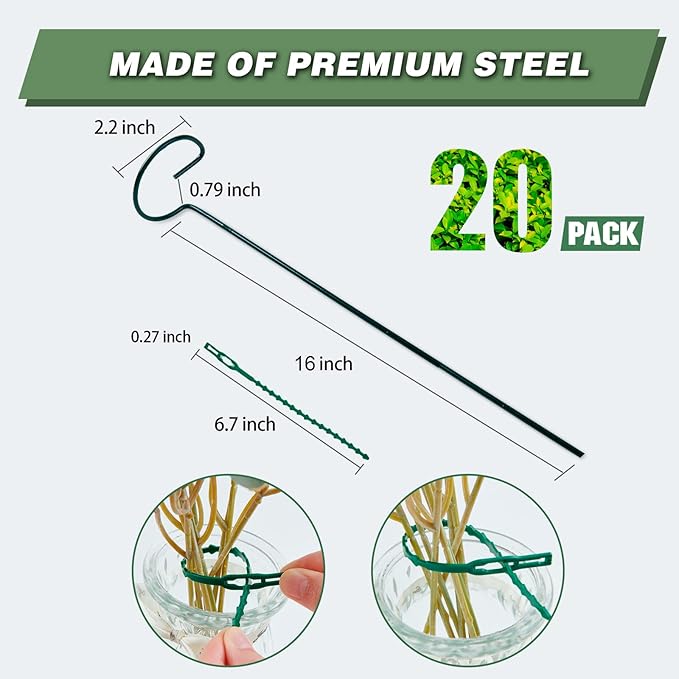 Joyhalo 20 Pack Plant Stakes, 16 Inch Plant Support Stakes, Flower Stakes with 24 Twist Ties, Garden Sticks for Plants Hibiscus, Sunflower, Red Hot Poker, Hydrangea, Tomato, Sapling Etc