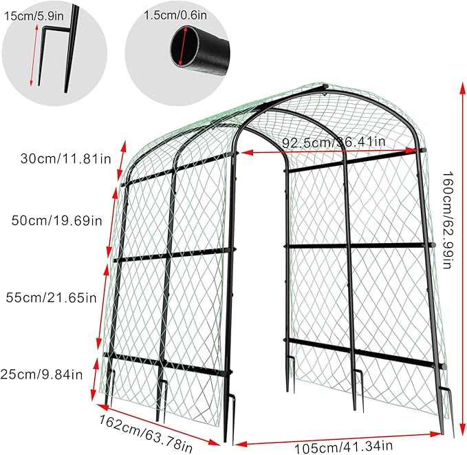 unho Garden Arch Trellis for Climbing Plants,Arch Trellis for Climbing Plants Outdoor,Walkway Metal Archway Arbor Tunnel Large for Vegetables Plant Cucumber Trellis for Garden Raised Bed, Black