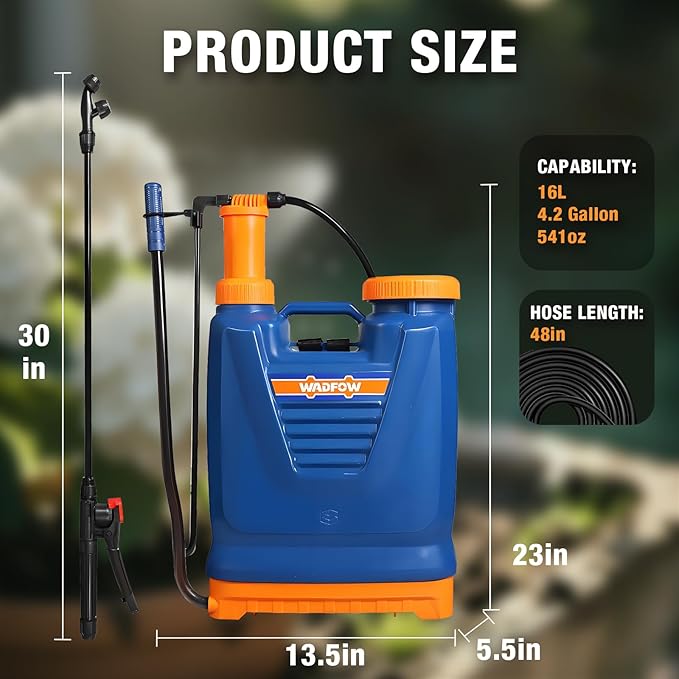 WKS1516 4.2 Gallon Backpack Sprayer with Manual Pump, 3 Optional Nozzles, Padded Shoulder Strap, for Pests & Weeds, Watering, and Spraying Plants