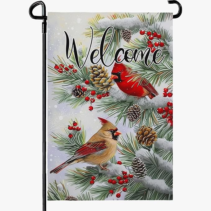 Welcome Winter Garden Flag Christma Cardinal Birds Yard Flag Red Bird Berry Trees Pine Snow Vertical House Banner Pinecone Garden Flags for Xmas Rustic Farmhouse 12x18 Inch