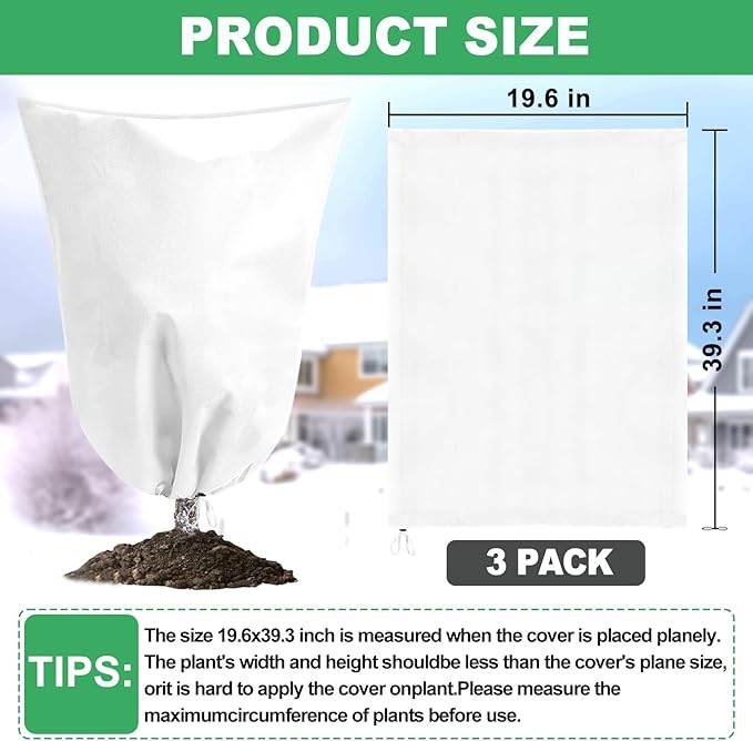 3 Pack Plant Covers Freeze Protection, 19.6" x 39.3" Frost Covers for Outdoor Plants with Drawstring, Plant Covers for Winter Tree Covers Freeze Protection, Winter Cold Weather Shrubs Jacket