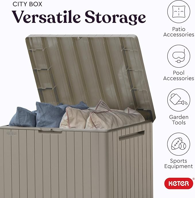 Keter City 30 Gallon Resin Outdoor Storage Box and Patio Furniture Side Table for Pool and Garden Accessories, Beige