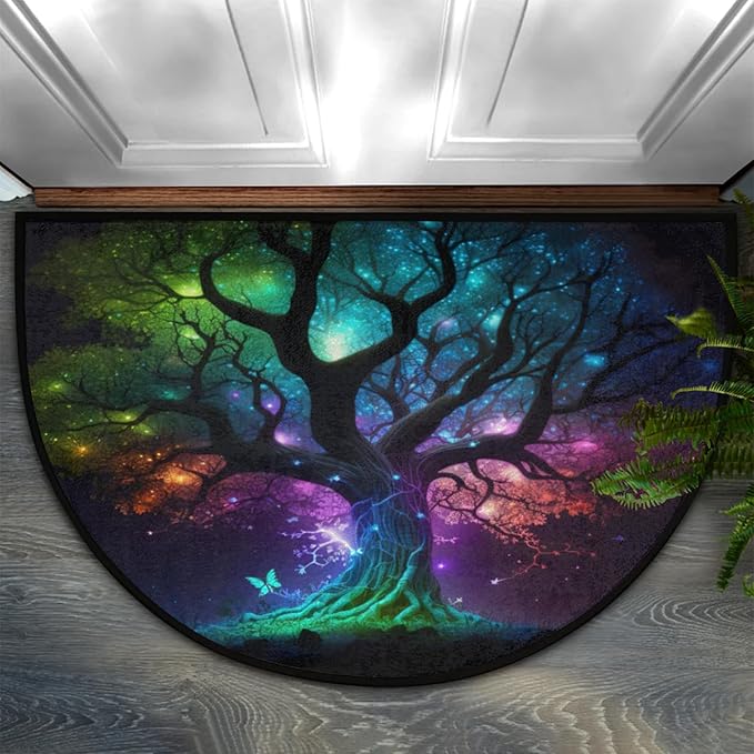 cfpolar Half Round Door Mat, Tree of Life Semi Circle Area Rug, Non Slip Area Rug Soft Doormat for Front Door Indoor Entrance Wear Half Moon Rug for Kitchen Bedroom Patio Fireplace 24 x 36 in